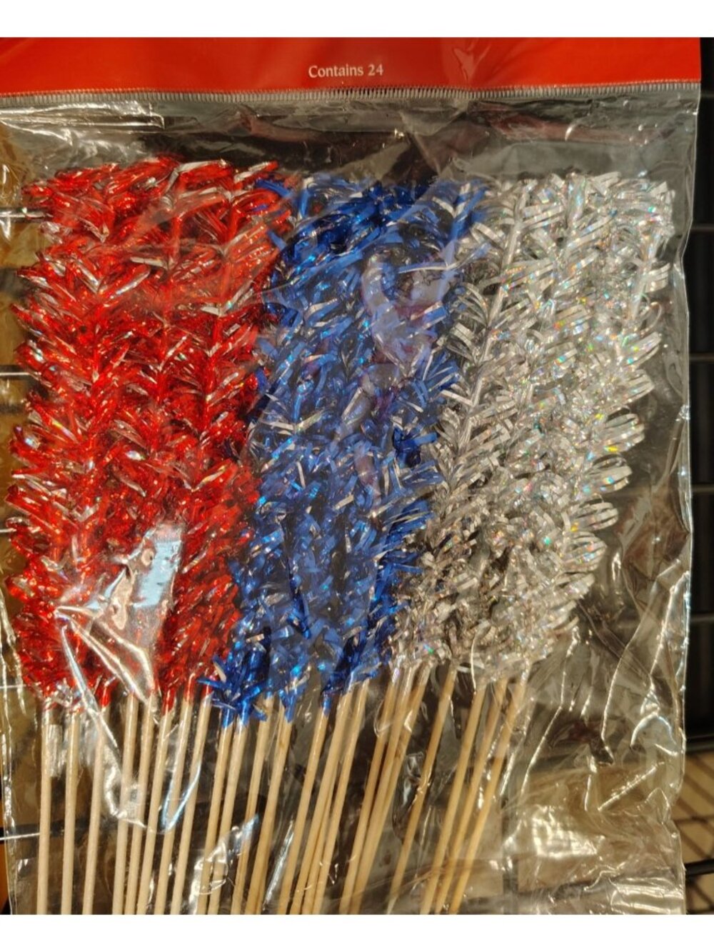 Pier 1 NOS 24 Tinsel Picks, Red, Blue, Silver, New Old Stock 8", Party Christmas